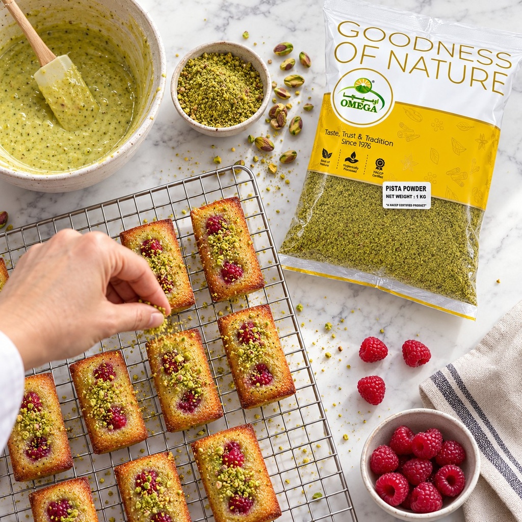 Pistachio powder used to finish raspberry financiers