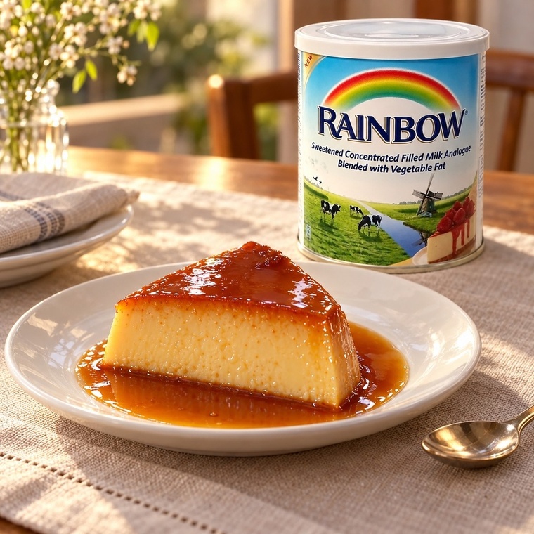 Caramel flan served with Rainbow 1kg tin