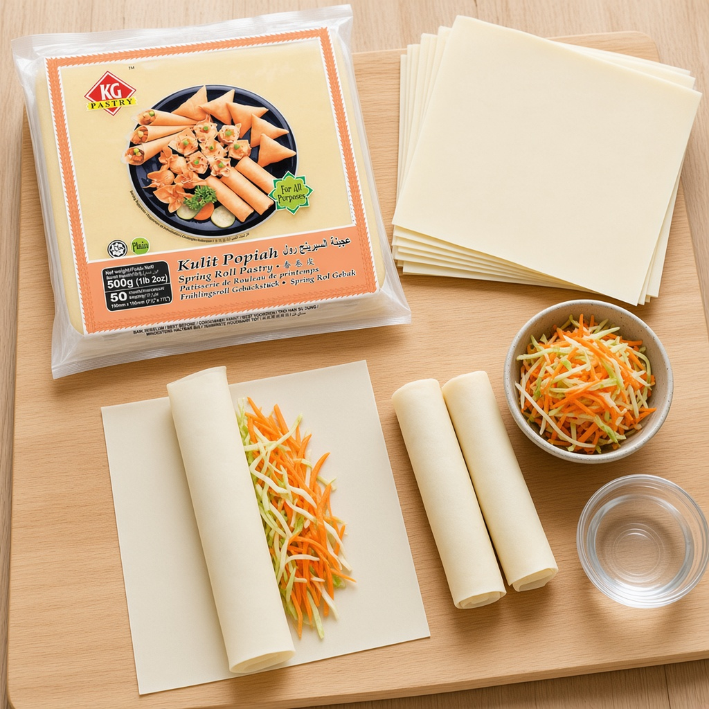 KG Spring Roll Sheet 7.5x7.5 500G, pastry sheets being filled and rolled — additional view | Addtocart Dubai UAE