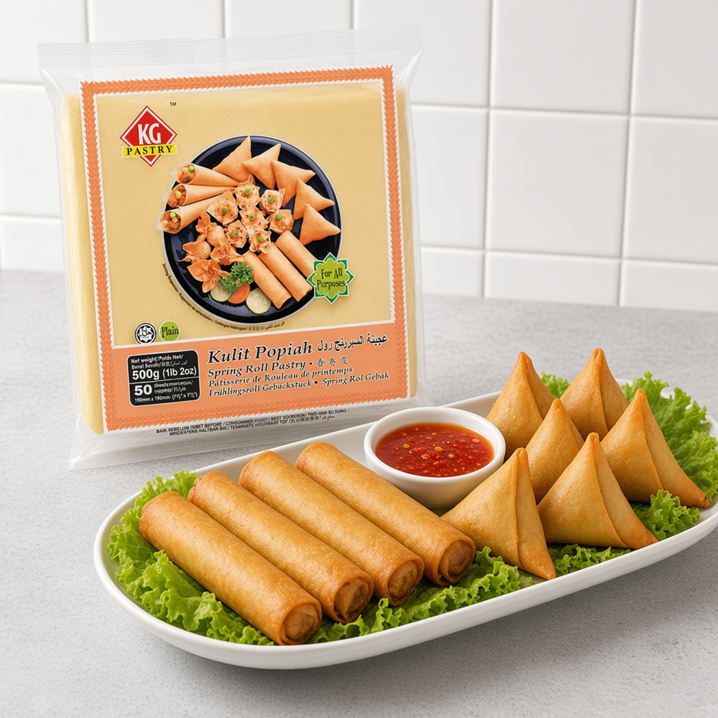 KG Spring Roll Sheet 7.5x7.5 500G, pack with platter of spring rolls and samosas — additional view | Addtocart Dubai UAE