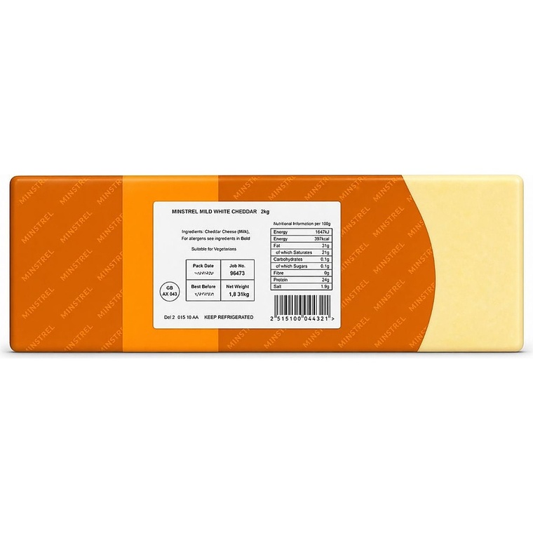 Minstrel Mild White Cheddar Cheese Block, Ireland - Approx Weight 5KG