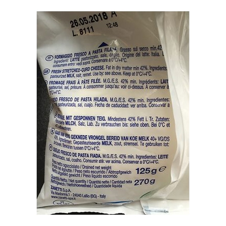 Zanetti Mozzarella Cheese Fresh - 1x125g — ingredients