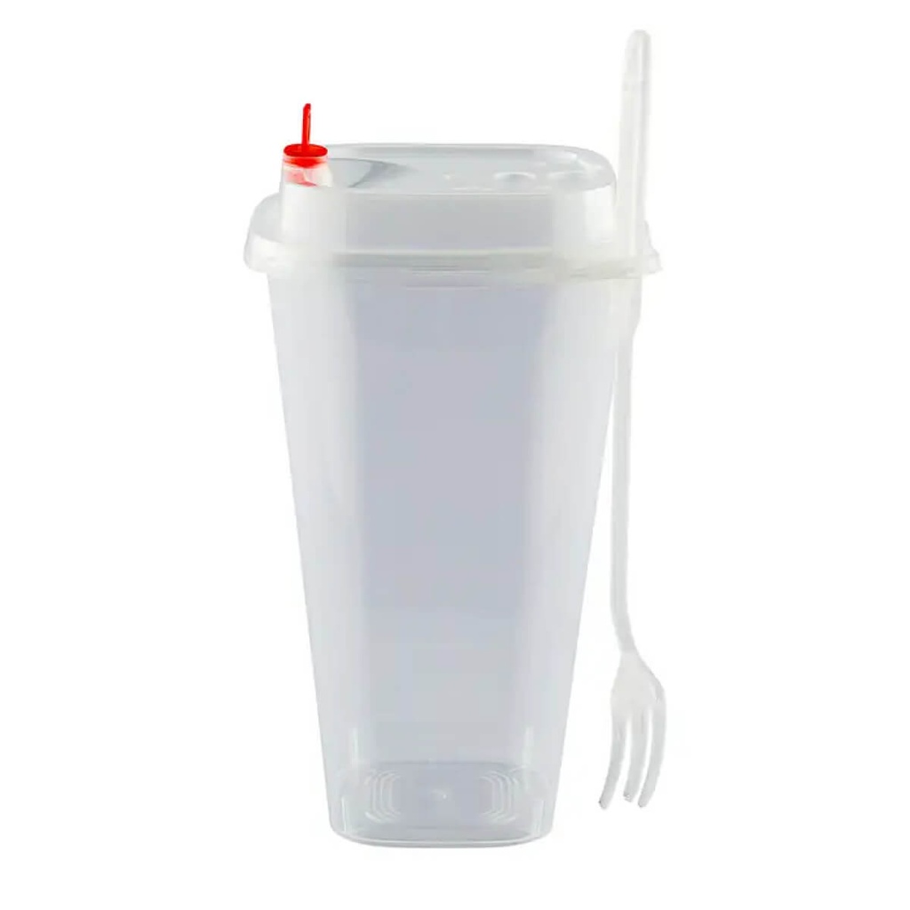 [NONF-801008] Bubbly Plastic Square Cup with Lid & Fork, 760ML - 20x25pc (25pc per pack)