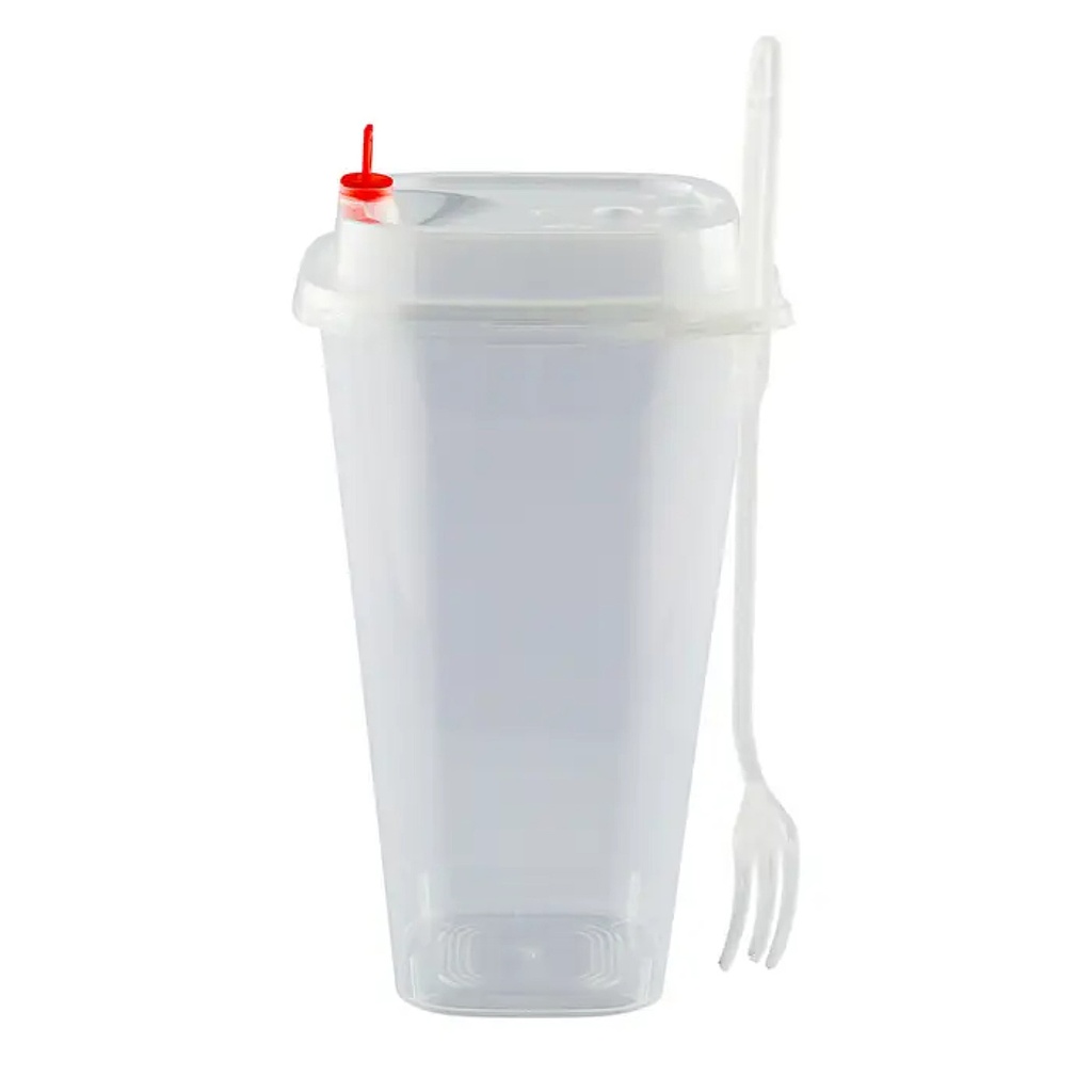 [NONF-801008] Bubbly Plastic Square Cup with Lid & Fork, 760ML - 20x25pc (25pc per pack)