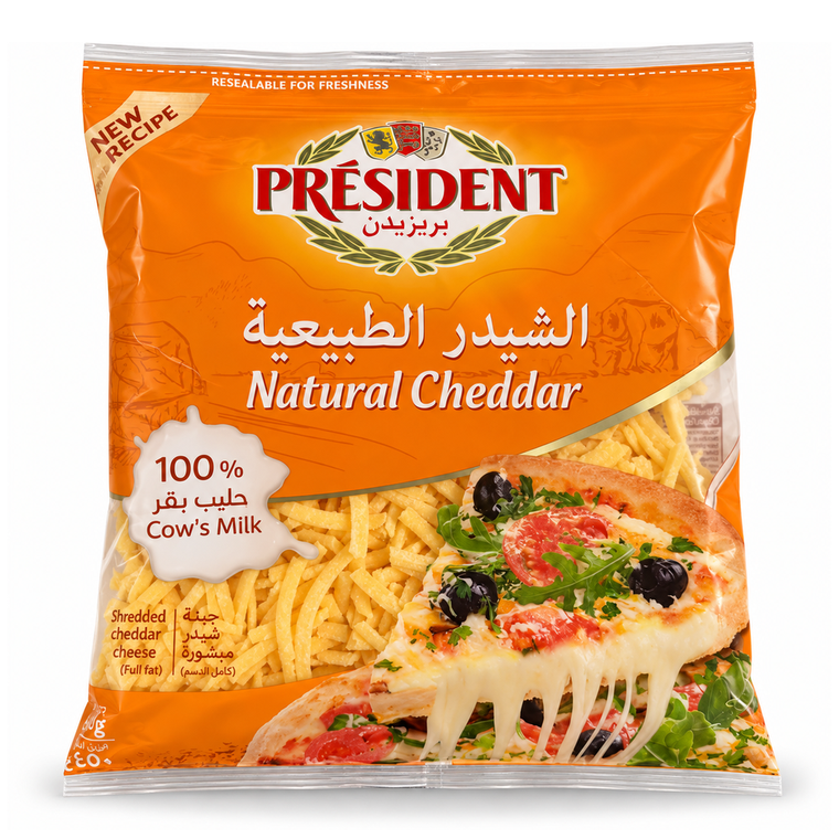 President Shredded Natural Colored Cheddar Cheese, KSA - 8x450g